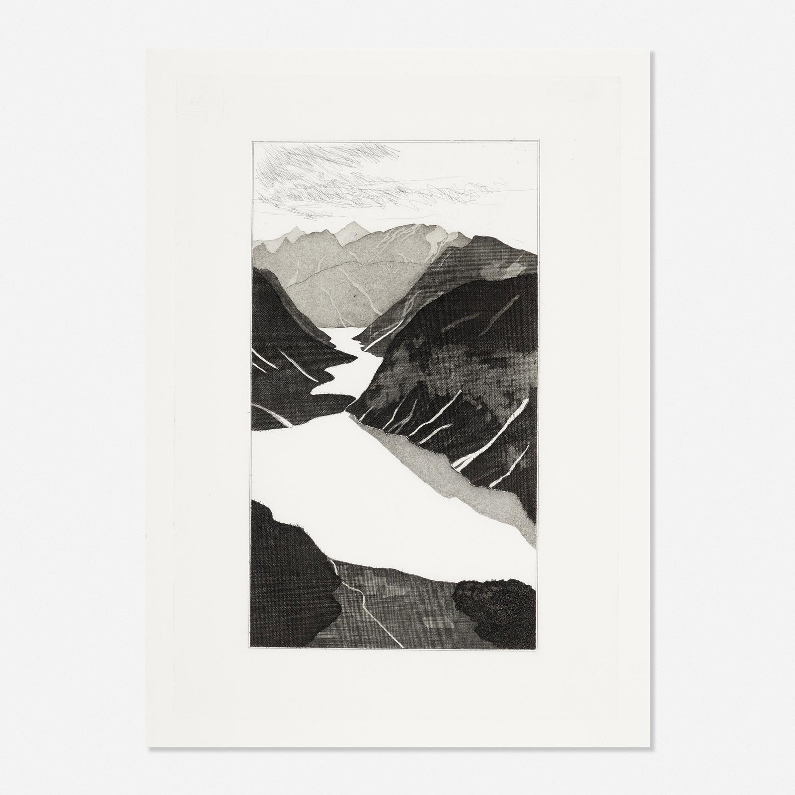David Hockney, The Lake: David Hockney The Lake from Illustrations for Six Fairy Tales from the Brothers Grimm 1969 etching 17.5 h × 12.25 w in (44 × 31 cm) This work is from the unsigned edition of 400 published by Peters
