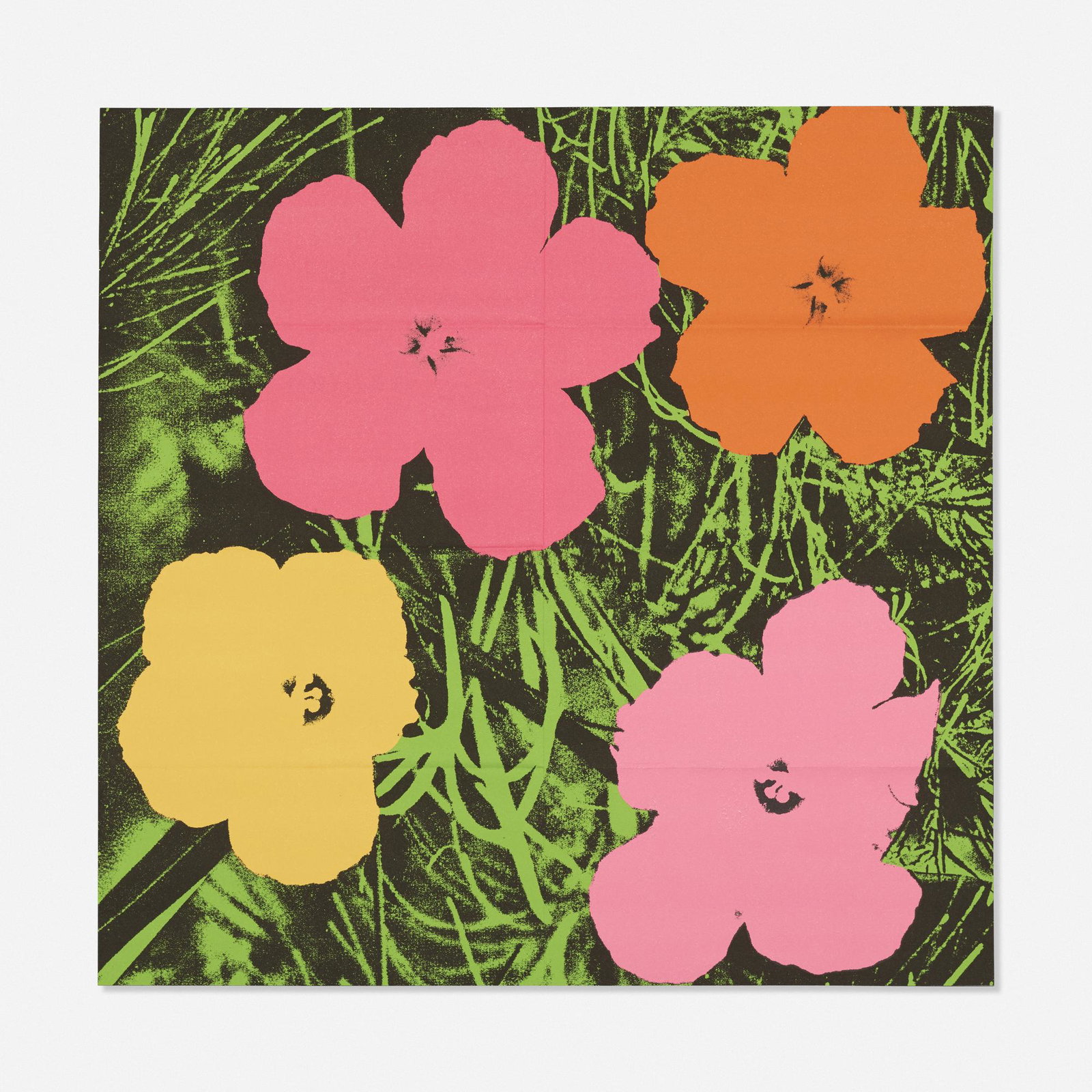 Andy Warhol, Flowers: Andy Warhol Flowers 1964 offset lithograph in colors (mailer) 21 h × 22 w in (53 × 56 cm) This work is from the edition of approximately 300 printed by Total Color, New York and publish