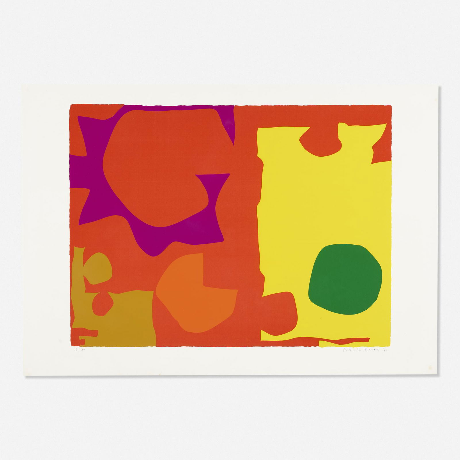 Patrick Heron, Six in Vermillion with Green in Yellow: Patrick Heron Six in Vermillion with Green in Yellow 1970lithograph in colors28 h × 40 w in (71 × 102 cm) Signed, dated and numbered to lower edge '16/100 Patrick Heron 70'. This work