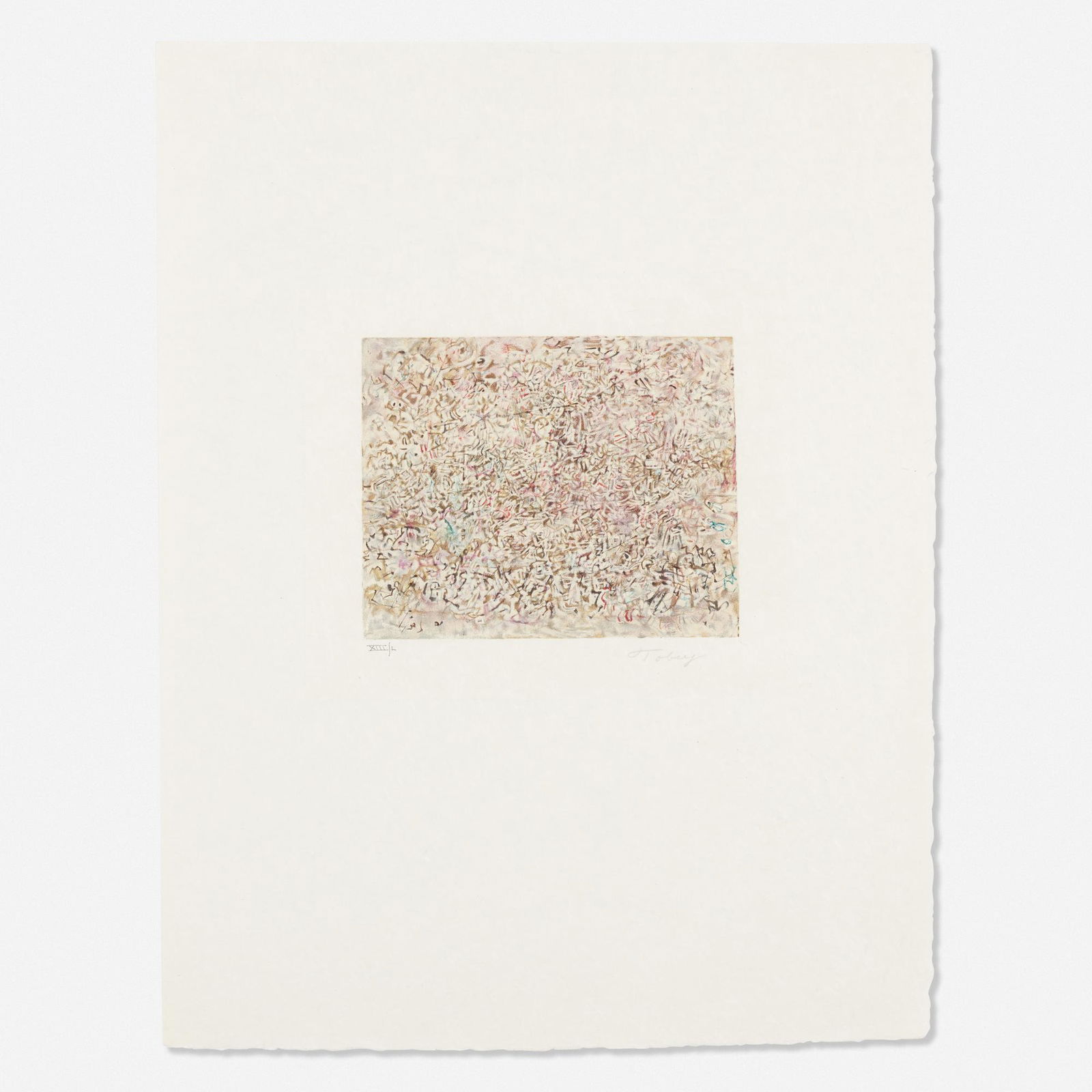 Mark Tobey, Crowded City: Mark Tobey Crowded City from the Homage to Tobey portfolio 1974lithograph in colors on Japon nacre25.5 h × 19.5 w in (65 × 50 cm) Signed and numbered to lower right 'XIII/L Tobey'. Th