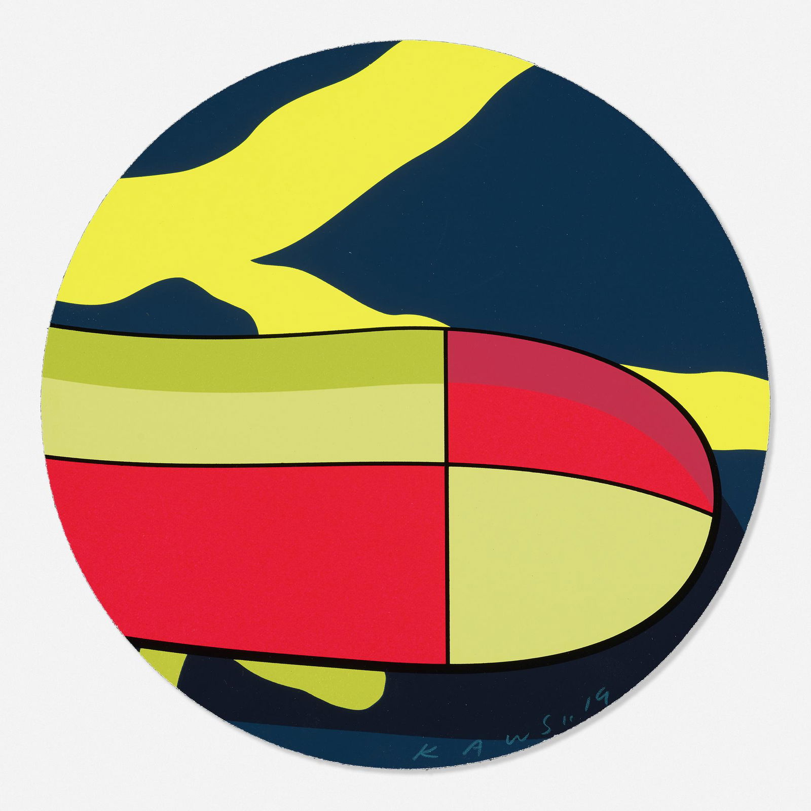 KAWS (Brian Donnelly), Untitled: KAWS (Brian Donnelly) Untitled (Gift from the Brooklyn Museum Family Party) 2019screenprint in colors on cardstock8 dia in (20 cm) Signed and dated to lower edge 'KAWS 19'. This work is from the