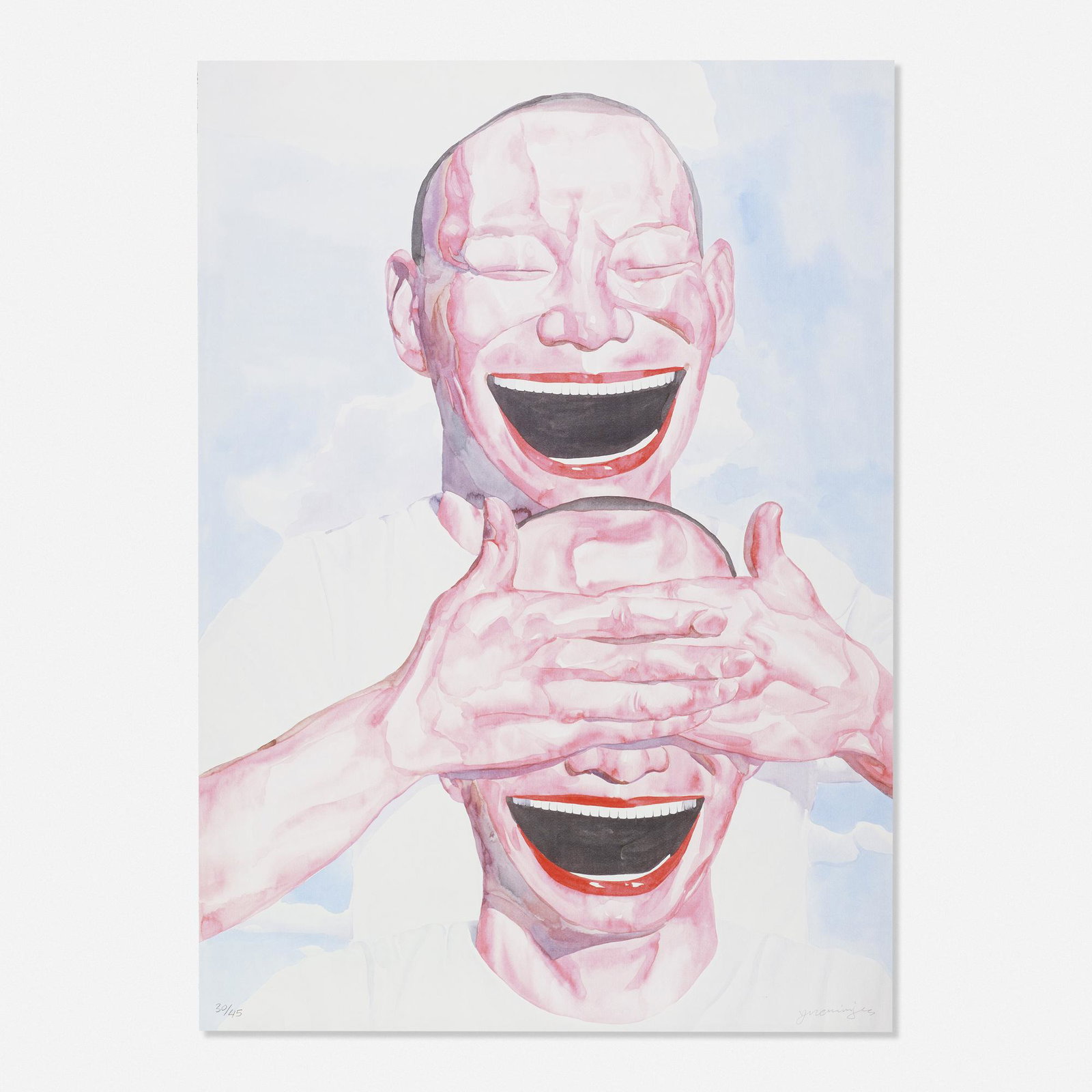 Yue Minjun, Smile-ism No. 1: Yue Minjun Smile-ism No. 1 2006 lithograph in colors 43.5 h × 31.5 w in (110 × 80 cm) Signed and numbered to lower edge '30/45 Yue Minjun'. This work is number 30 from the edition of 45