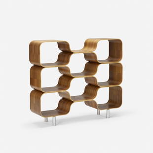 Chris Ferebee, Hive shelving system: Chris Ferebee Hive shelving system FiveUSA, 1999 / 2002walnut plywood, aluminum41.75 h × 47 w × 12 d in (106 × 119 × 30 cm) Signed, dated and numbered to underside '#008 Chris 2002'. Signed