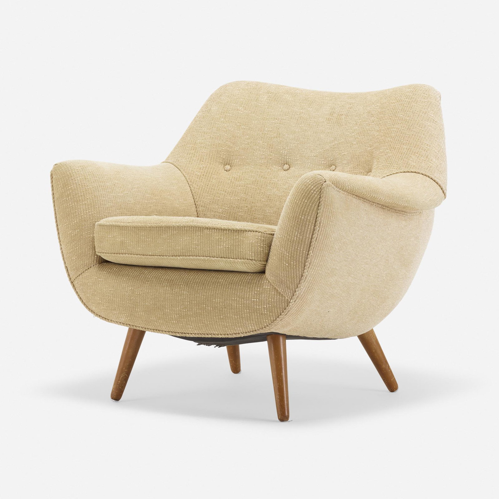 Modern, lounge chair: Modern lounge chair c. 1965 wool upholstery, birch 30 h × 35 w × 32 d in (76 × 89 × 81 cm)