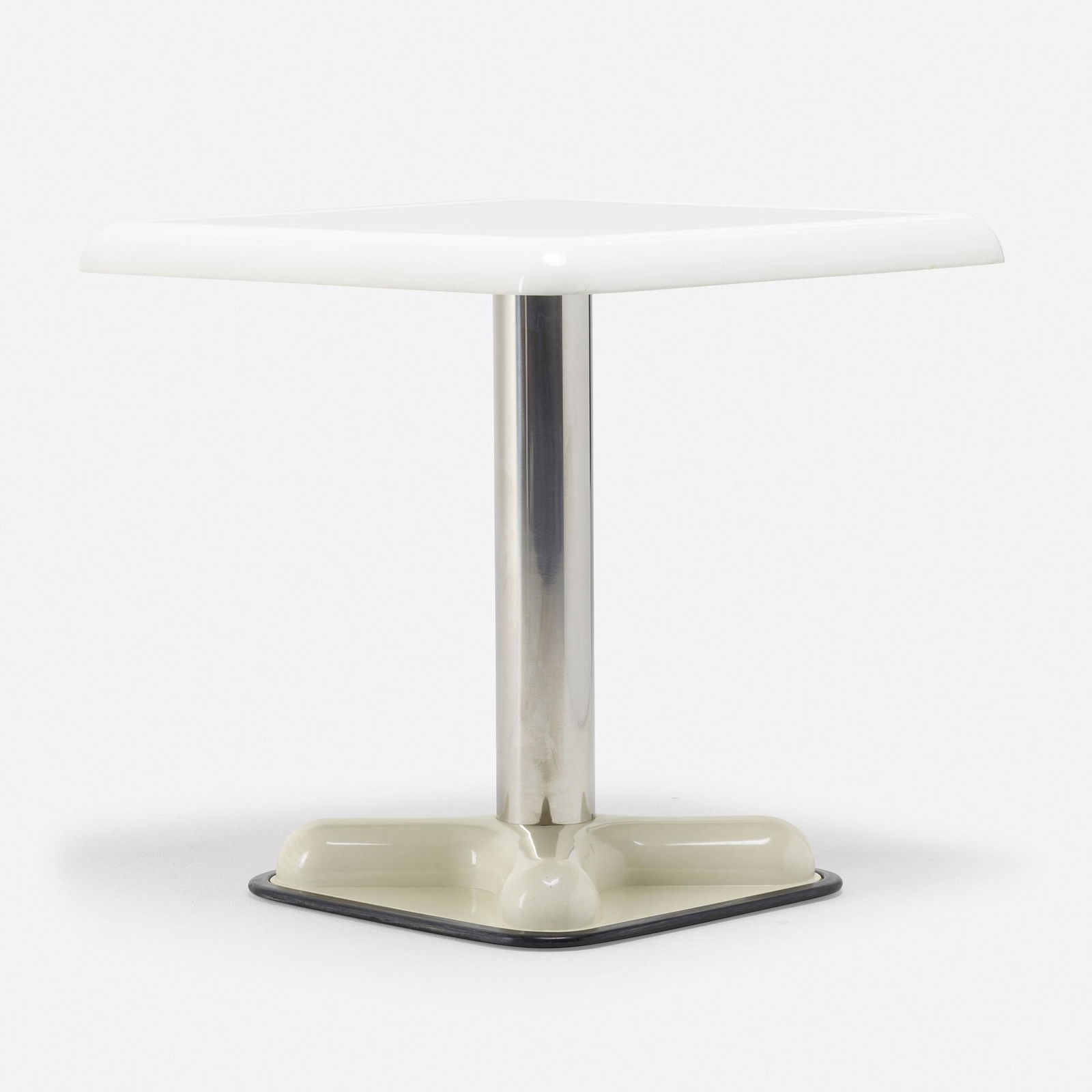 Joe Colombo, Bistro table: Joe Colombo Bistro table ZanottaItaly, 1970lacquered plastic, stainless steel27 h × 27 w × 27 d in (69 × 69 × 69 cm) Raised manufacturer's mark to underside of base