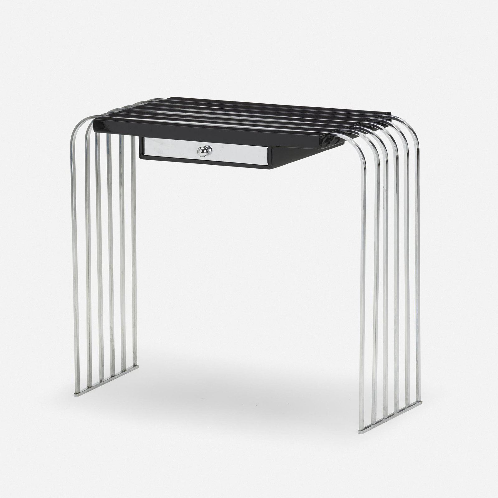 Art Deco, console table: Art Deco console table USA, c. 1935 lacquered wood, chrome-plated steel 27.75 h × 31 w × 16.5 d in (70 × 79 × 42 cm) Features a single drawer.