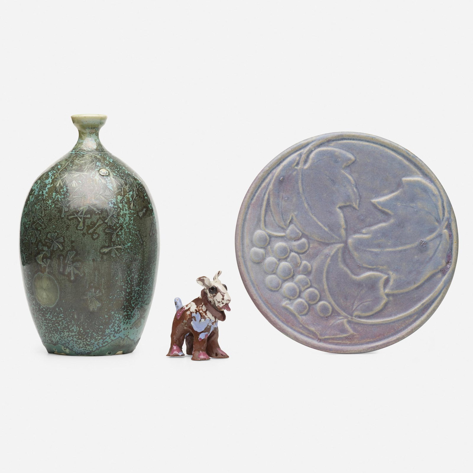 Early 20th Century, collection of three works: Early 20th Century collection of three works glazed earthenware, glazed terracotta 9 h × 5 dia in (23 × 13 cm) Plate measures: 8.5 dia x .75 d inches. Dog measures: 3.25 h x 3 w x 1.75 d i