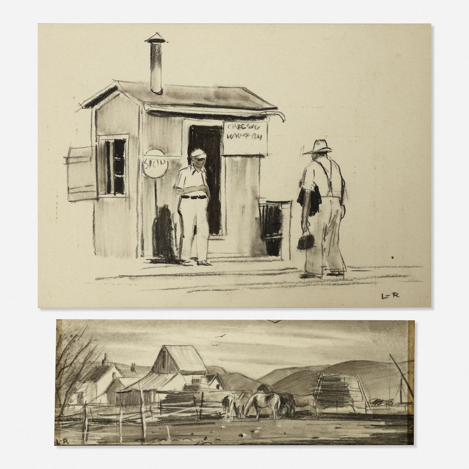 Harry Leith-Ross, Untitled (two works): Harry Leith-Ross Untitled (two works) graphite and chalk on paper4.75 h × 6.75 w in (12 × 17 cm) Additional example measures 2 x 6 inches. Signed to corner of each example 'L-R'.