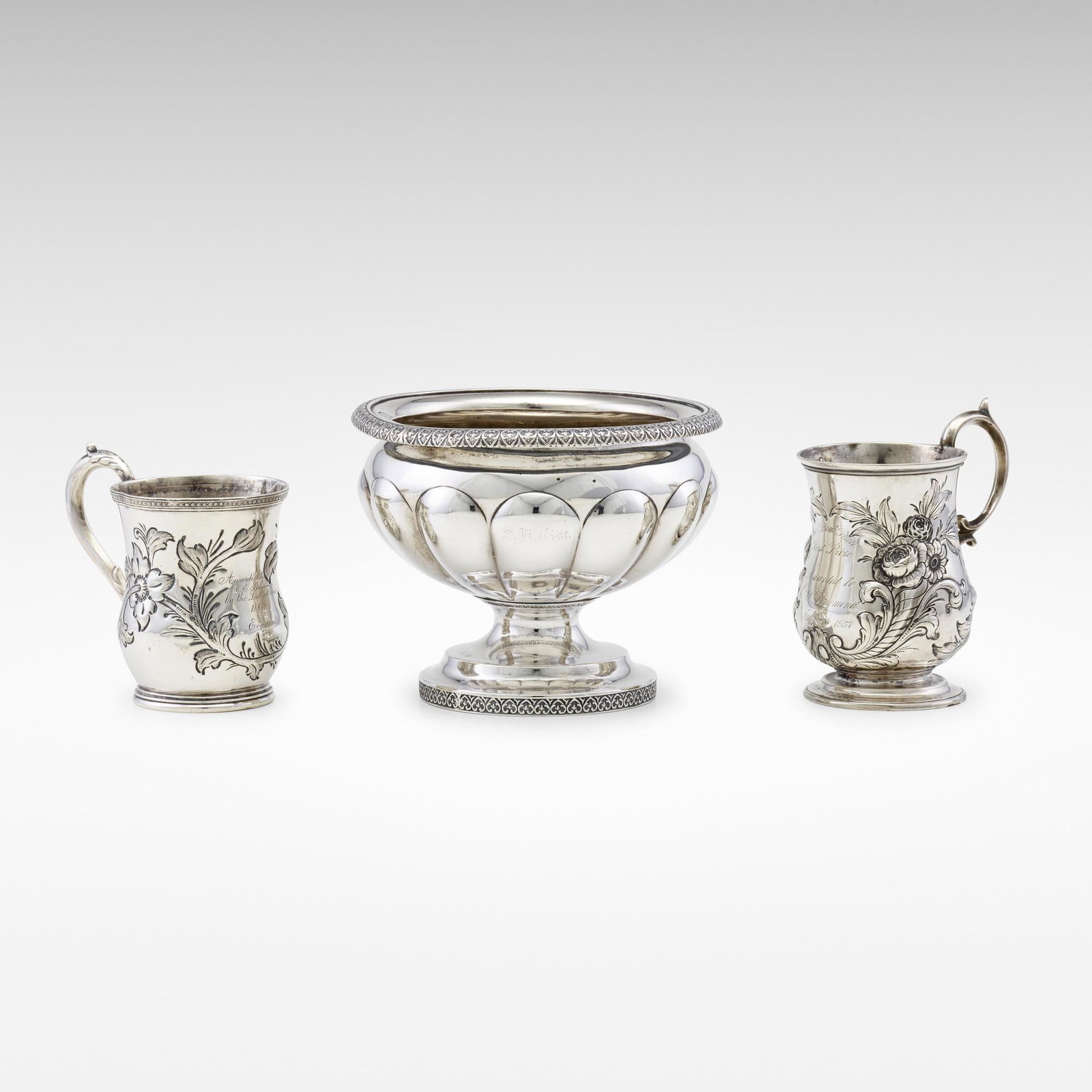 American, trophy cups, set of two: American trophy cups, set of two c. 1857-60 coin silver 4.75 h × 4.25 w in (12 × 11 cm) Tall example by Eoff & Shepard for Ball, Black & Co., New York, c. 1857. Inscribed to body 'Cove