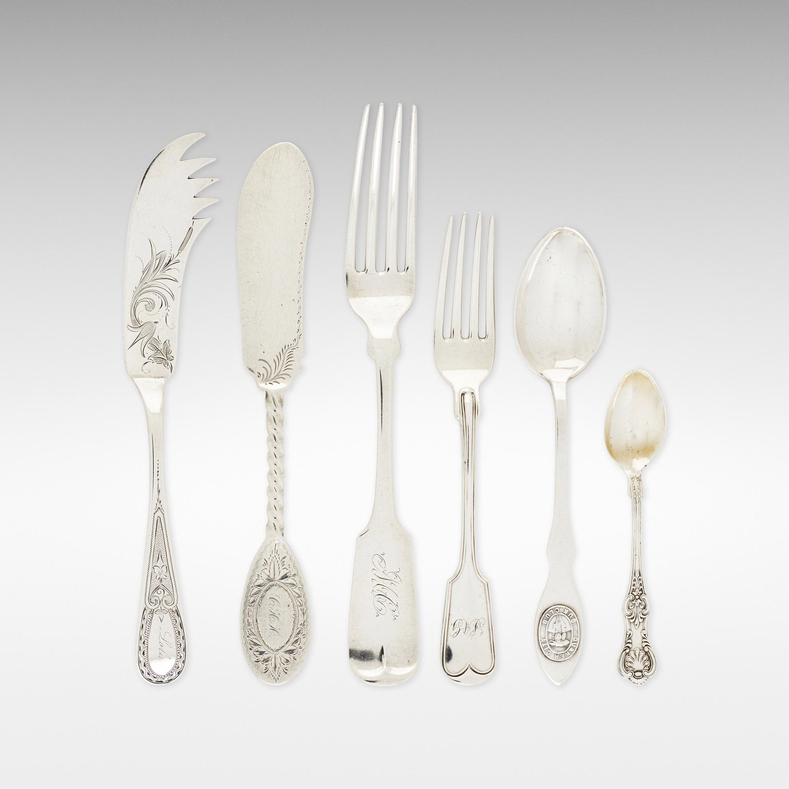 American, Large collection of flatware: American Large collection of flatware 19th-20th century coin silver, sterling silver Approximately 99 pieces total. Lot includes one sterling demitasse spoon from a set of nine, with a silver-gilt bow