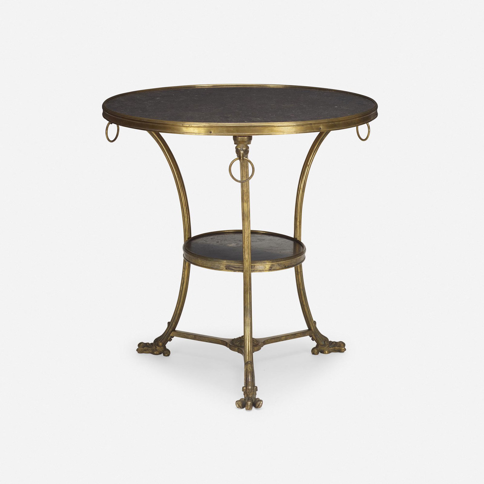 French, table: French table c. 1900 cast brass, marble 29 h × 29 dia in (74 × 74 cm) please note: this item will preview and ship from Chicago.