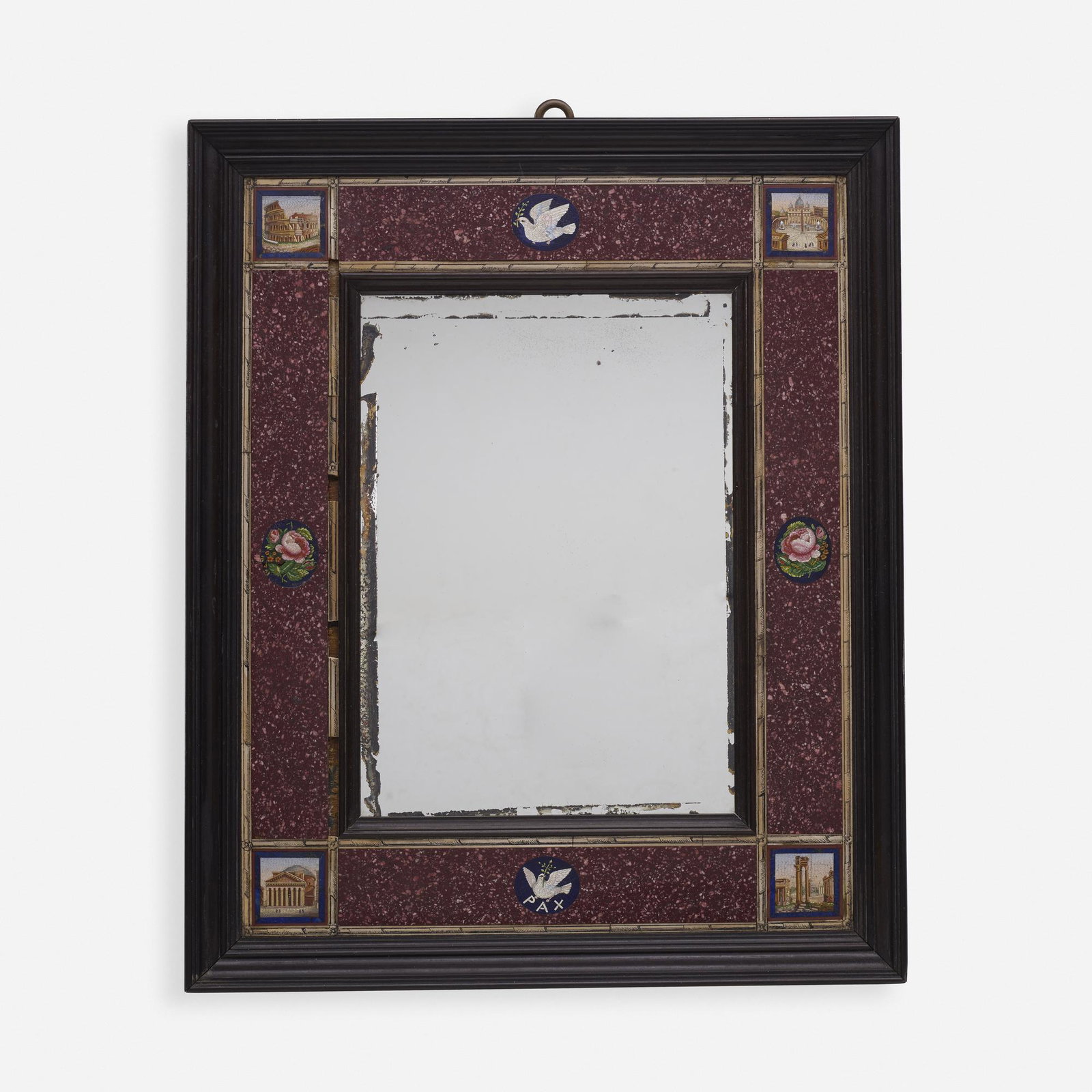 Italian, micromosaic framed mirror: Italian micromosaic framed mirror 19th century stone, wood, glass, porphyry, bone 15.5 h × 11.25 w in (39 × 29 cm) Mirror features eight micromosaics set into a porphyry band, including