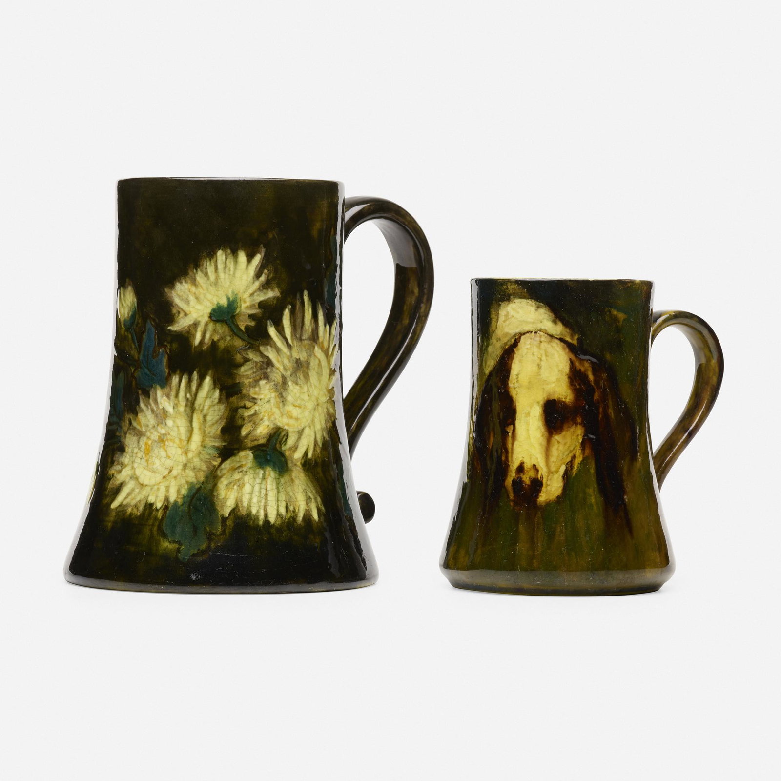 Charles Volkmar, tankard and mug: Charles Volkmar tankard and mug c. 1900 glazed earthenware 7.5 h × 5.75 dia in (19 × 15 cm) Impressed manufacturer's mark to underside of one example 'Crown Point Ware' and to the addit