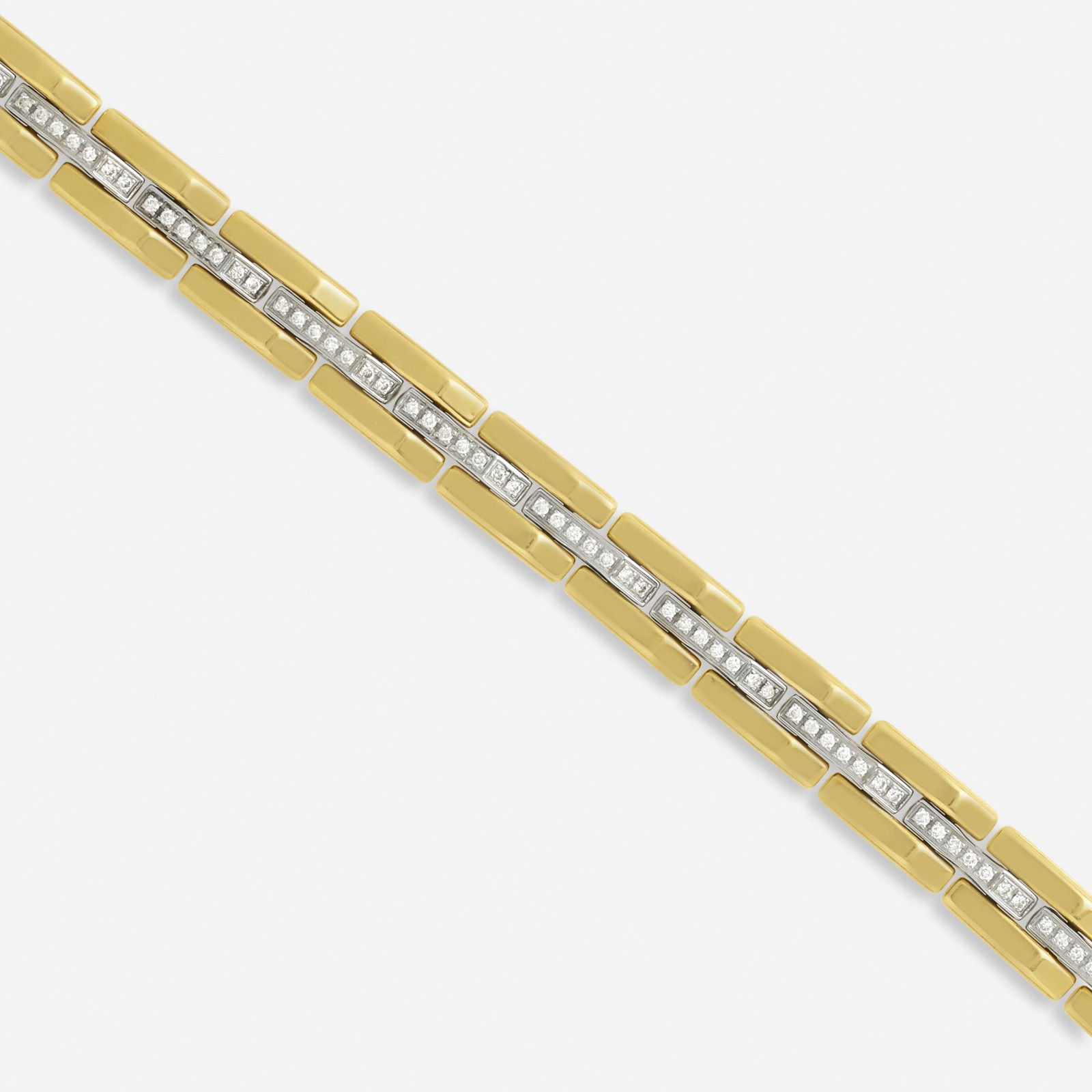 Chimento, Diamond and gold bracelet: Chimento Diamond and gold bracelet Of rectangular sculpted links, set with round brilliant-cut diamonds 18k yellow and white gold Signed Chimento 7 ½ ins; Gross weight 15.8 dwts
