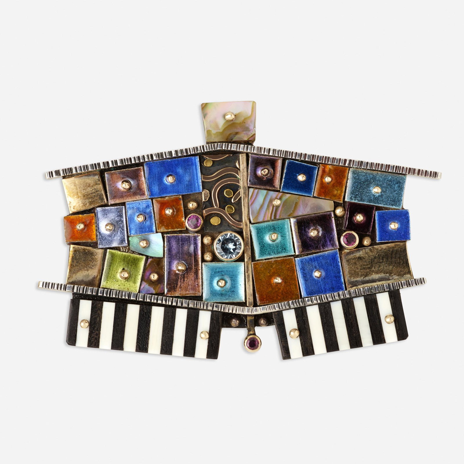 Earl Pardon, Enamel and gem-set brooch: Earl Pardon Enamel and gem-set brooch Set with geometric panels of ebony, mother of pearl, rubies, aquamarine, and enamel, c. 1985 Sterling silver and 14k yellow gold Signed Pardon 1 1/2 x 2 1/4