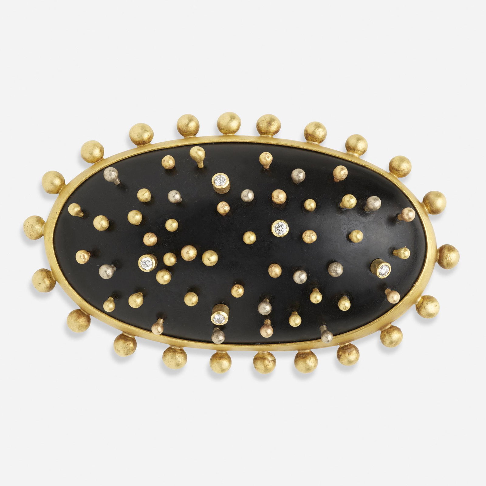 Rob Greene, Modernist diamond and gold brooch: Rob Greene Modernist diamond and gold brooch Set with an oval jet plaque, with protruding collet-set round brilliant-cut diamonds and gold embellishments, framed with gold beads 22k and 18k yellow, wh