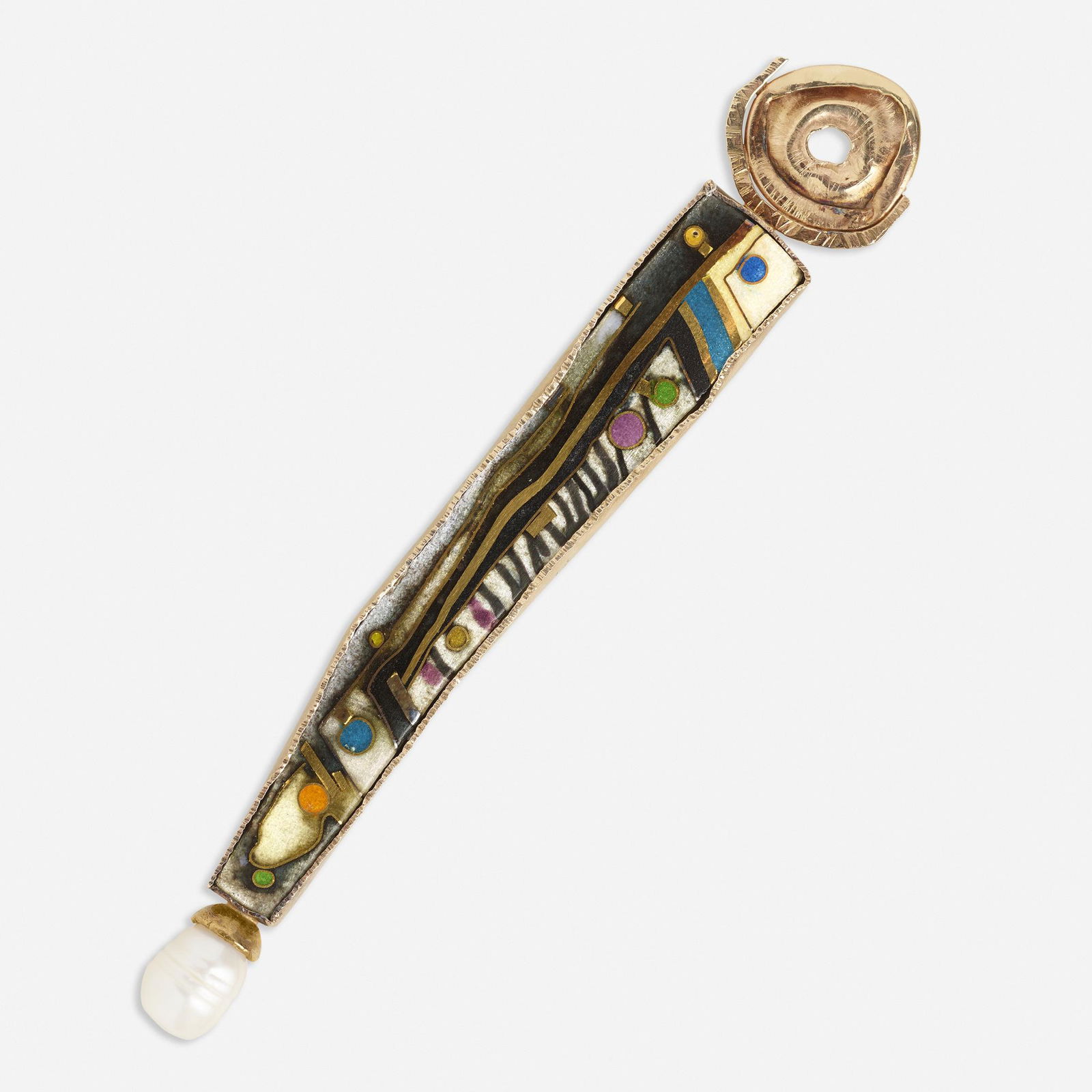 William Harper, 'Shiva's Wand' brooch: William Harper 'Shiva's Wand' brooch Of cloisonne enamel and gold inlay, set with a freshwater cultured pearl, from the 'Rajastan' series, c. 1989 Yellow gold, silver Signed William Harper 4 1/2