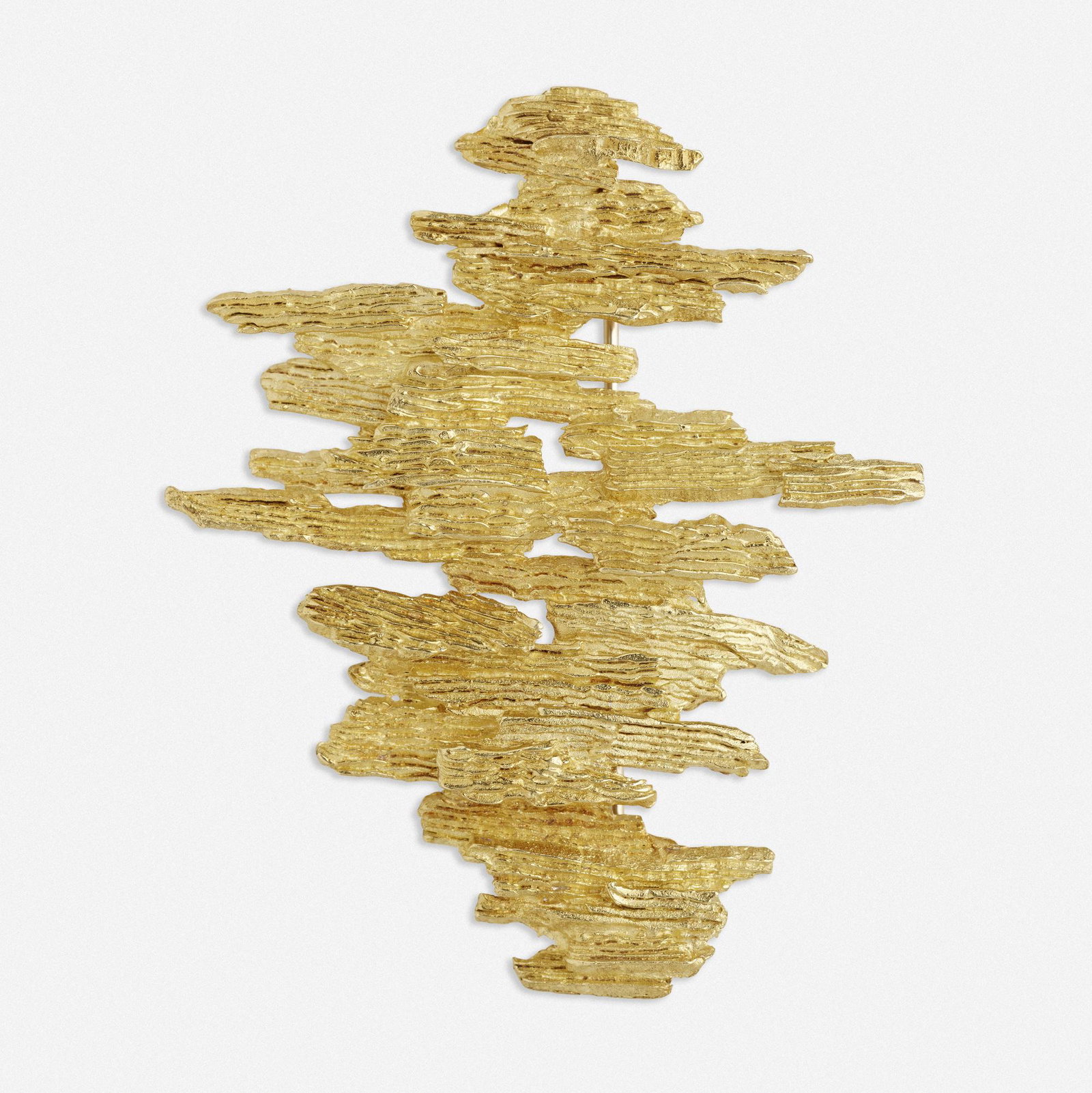 Ed Wiener, Modernist gold brooch: Ed Wiener Modernist gold brooch Of bark-like textured gold 18k yellow gold Signed Ed Wiener 2 1/4 x 2 ins; Gross weight 15.7 dwts