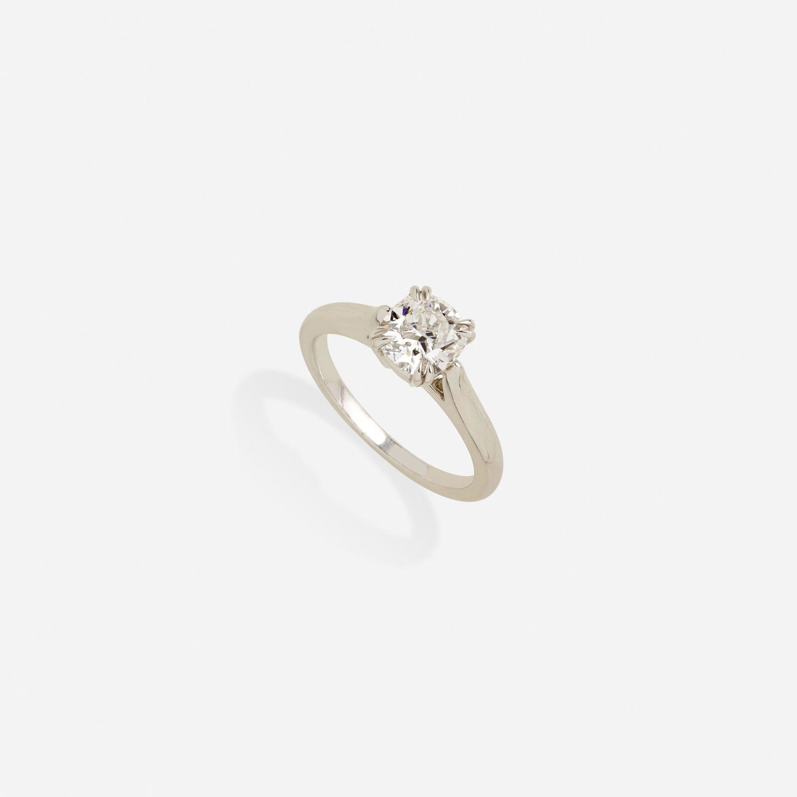 Harry Winston, Diamond engagement ring: Harry Winston Diamond engagement ring Set with a 1.08 cts cushion-cut diamond Platinum GIA Report no. 14604675, 21 July 2005, 1.08 cts., E color, VVS1 clarity. With maker's mark for Harry Winston