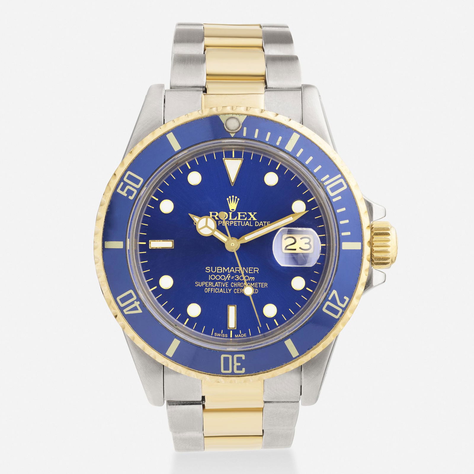 Rolex, Submariner Date watch, Ref. 16613: Rolex Submariner Date steel and gold wristwatch, Ref. 16613 The blue dial with date aperture, luminous hands, rotating bezel, screw-down crown, luminous indices, to the Oyster bracelet Steel and 18k y