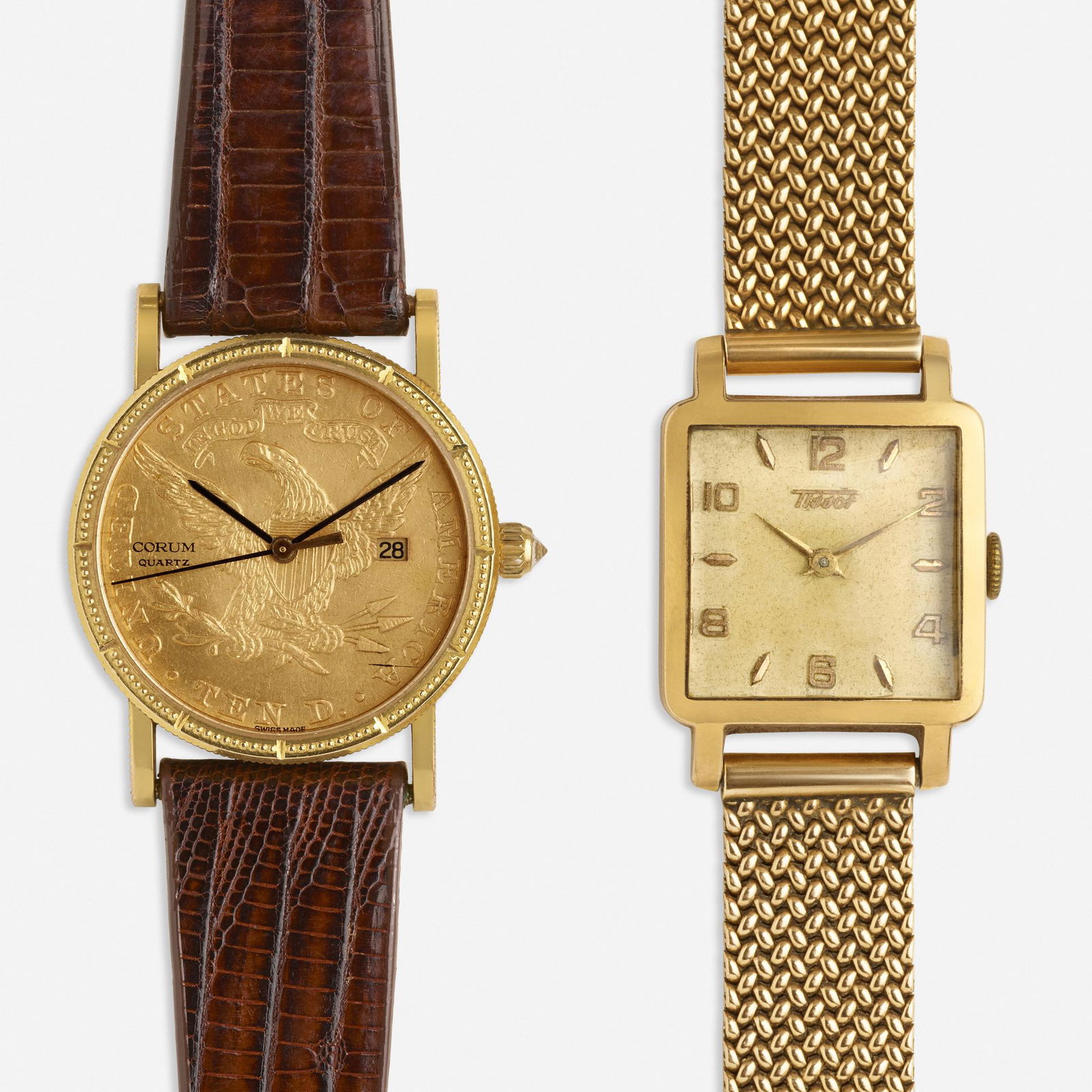 Corum wristwatch and Tudor wristwatch: Corum wristwatch and Tudor wristwatch A Corum gold coin dial with date aperture and alligator leather band; and a Tudor square dial with woven gold band 18k and 14k yellow gold Case 28 mm and 20 x 22