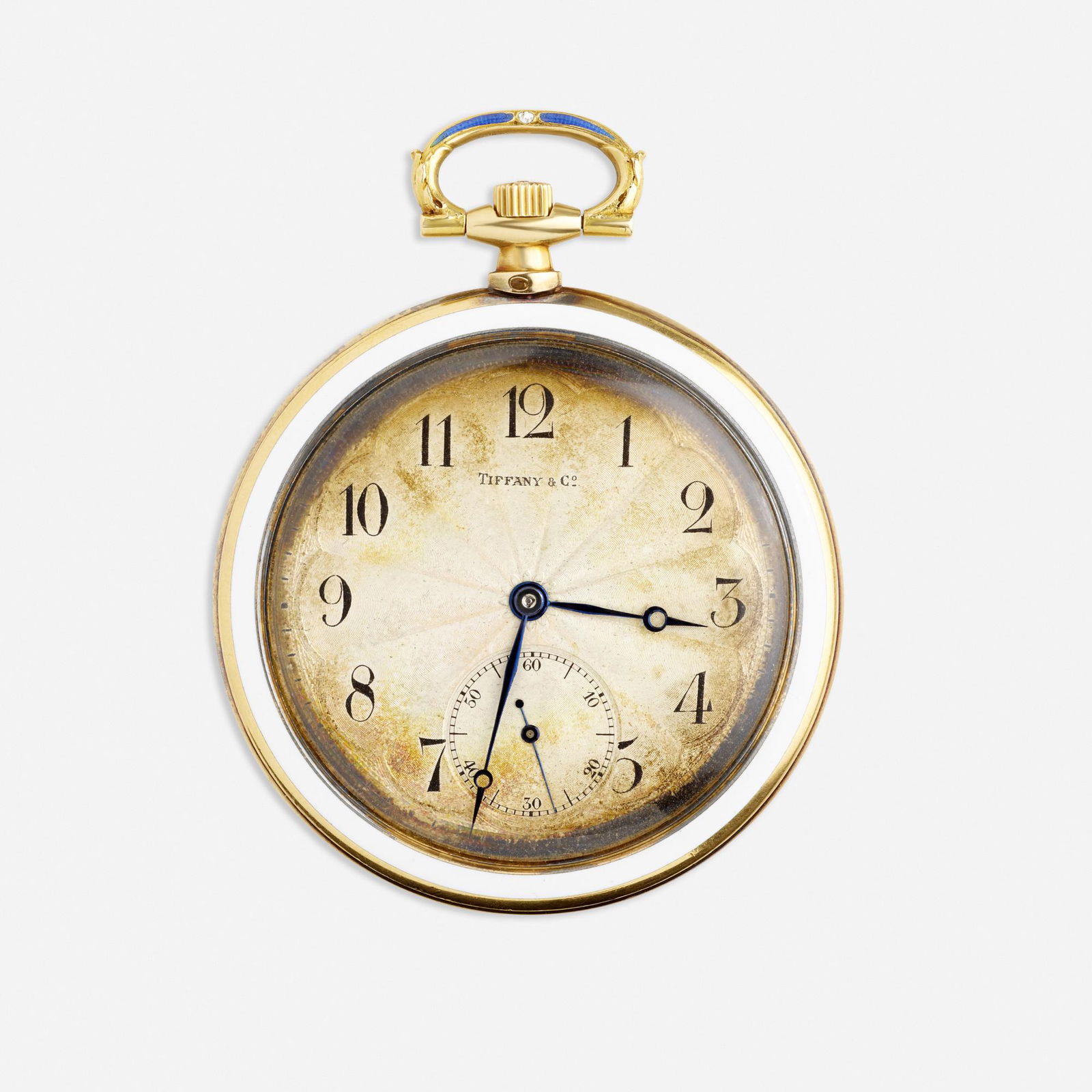 Tiffany & Co., Enamel pocket watch: Tiffany & Co. Enamel pocket watch The circular dial with blued-steel hands, seconds subsidiary dial, with white and blue guilloche enamel, c. 1910 Yellow gold Manual wind Dial signed Tiffany & Co.