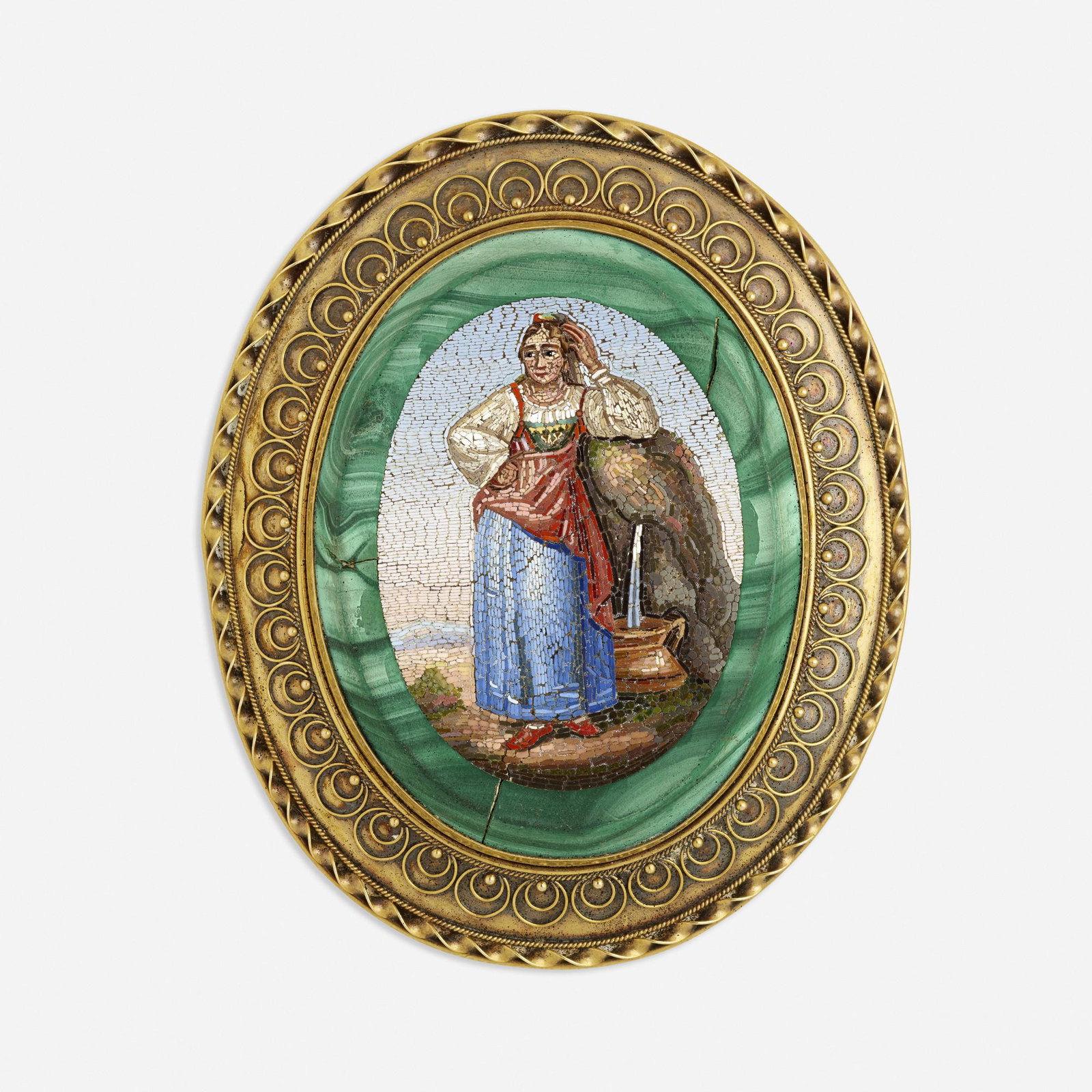 Italian micromosaic brooch: Italian micromosaic brooch The terrazzo micromosaic depicting a standing woman, set in an oval plaque of malachite, surrounded by a decorated gold frame Yellow gold 2 x 1 3/4 ins; Gross weight 13.4 dw