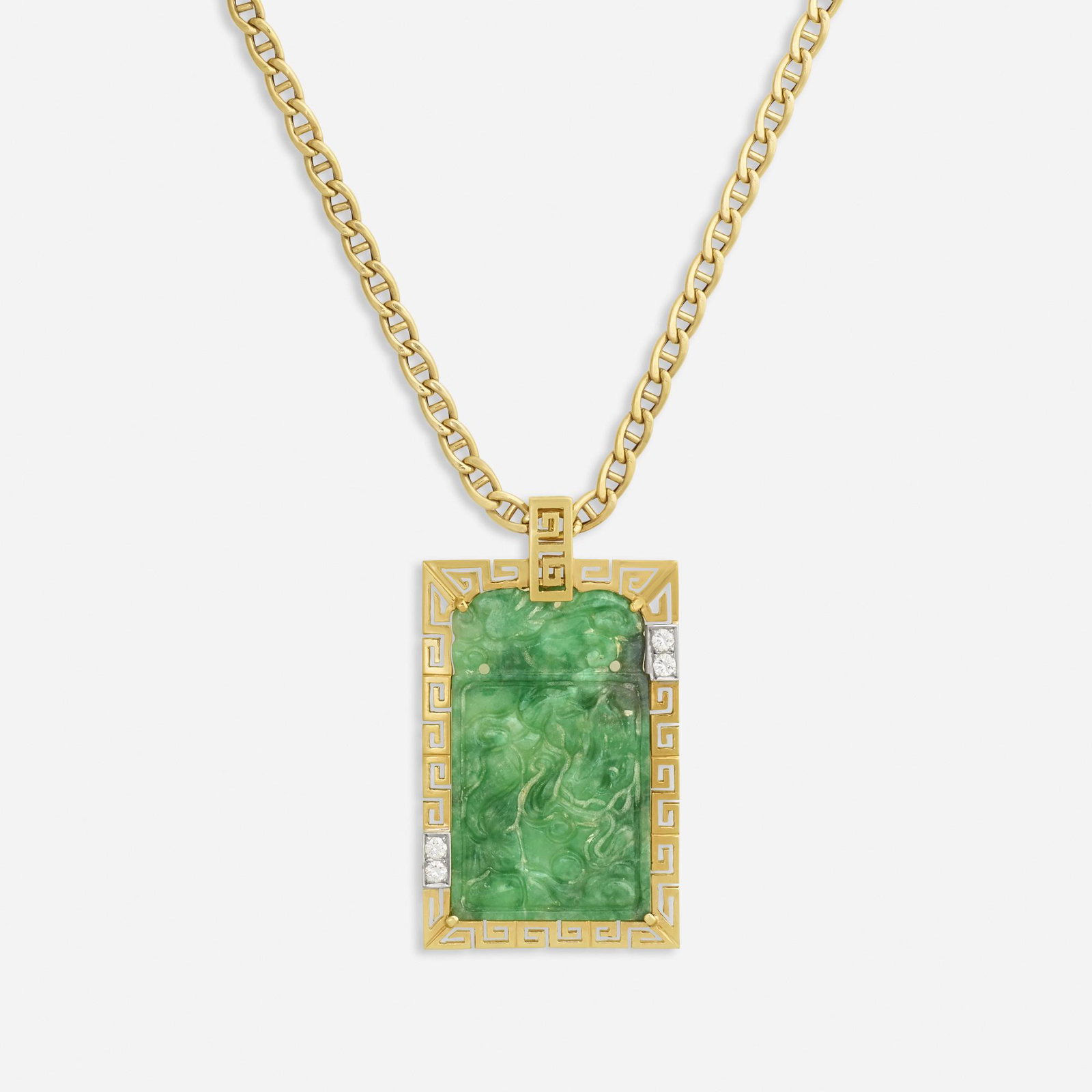 Carved jadeite and diamond pendant necklace: Carved jadeite and diamond pendant necklace A rectangular carved jadeite plaque, framed by a Greek key border with round brilliant-cut diamonds, suspending from a long gold chain 14k yellow and white 