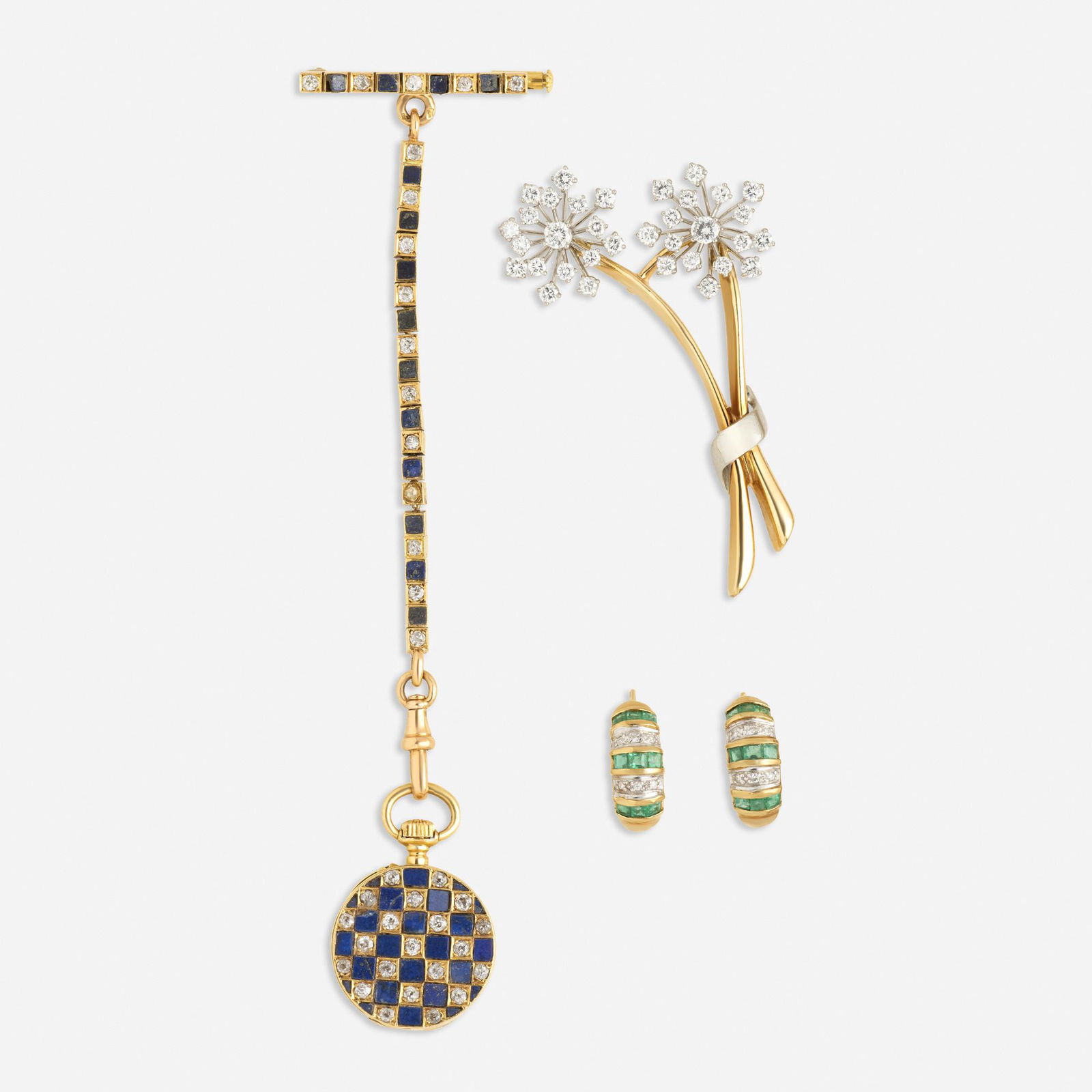 Group of diamond and gem-set jewelry: Group of diamond and gem-set jewelry Comprising a Patek Philippe pocket watch with a checkboard case and watch fob of old mine-cut diamonds and square-cut lapis lazuli; a gold and platinum round brill