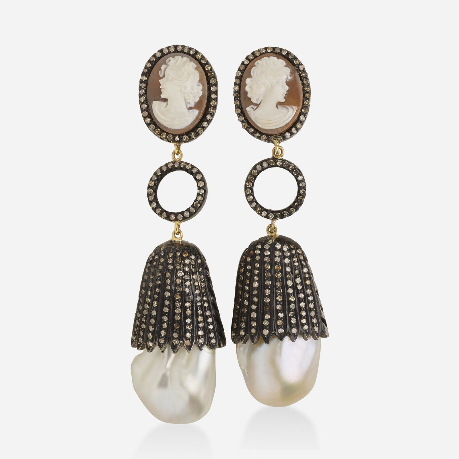 Cameo, diamond, and baroque cultured pearl ear pendants: Cameo, diamond, and baroque cultured pearl ear pendants Each set with a shell cameo, single-cut diamonds, and a baroque cultured pearl Yellow gold with black rhodium finish 3 x 3/4 ins; Gross weight 2