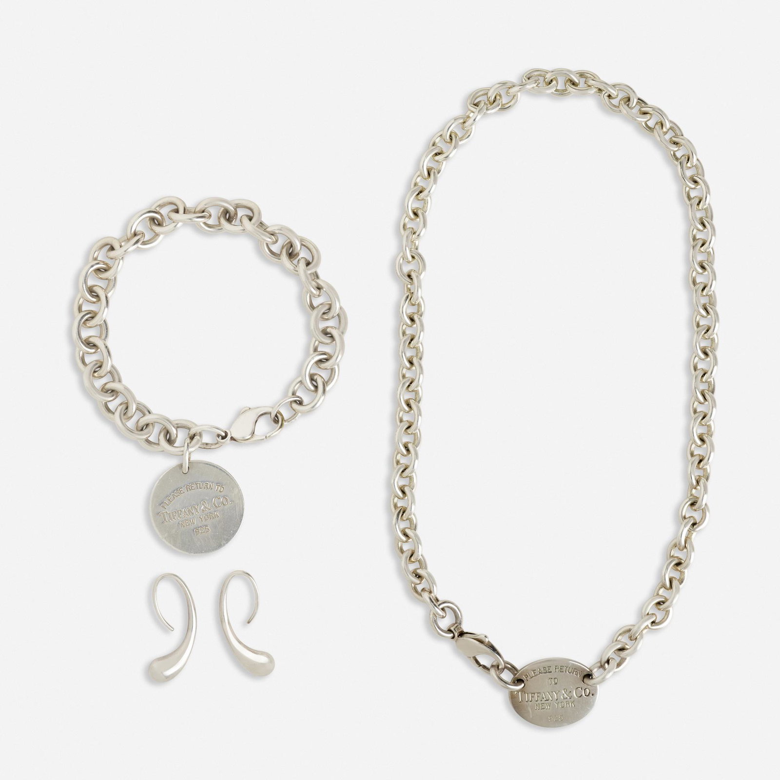 Tiffany & Co., Silver necklace, bracelet, Peretti: Tiffany & Co. Silver necklace and bracelet and Peretti earrings Comprising a 'Return to Tiffany' necklace and bracelet, and a pair of 'Teardrop' Elsa Peretti earrings Sterling silver All signed Tiffan