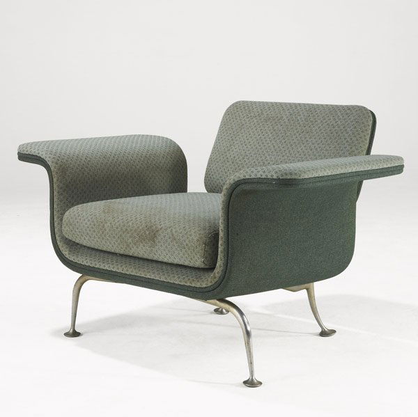 ALEXANDER GIRARD / HERMAN MILLER Armchair: ALEXANDER GIRARD / HERMAN MILLER Armchair upholstered in blue-green wool on aluminum legs. (Provenance: Brandiff Airlines.) 26 1/2'' x 40'' x 27''
