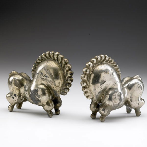 RUSSEL WRIGHT Pair of Libbiloo Bookends: RUSSEL WRIGHT Pair of Libbiloo nickel-plated metal bookends, ca. 1930. 5 1/2'' x 6 1/2'' x 3''