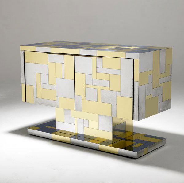 PAUL EVANS / DIRECTIONAL Cityscape Cabinet: PAUL EVANS / DIRECTIONAL Cityscape cabinet in brass and chrome with two doors enclosing interior shelves. Engraved An Original Paul Evans. 32 1/2'' x 48'' x 20''