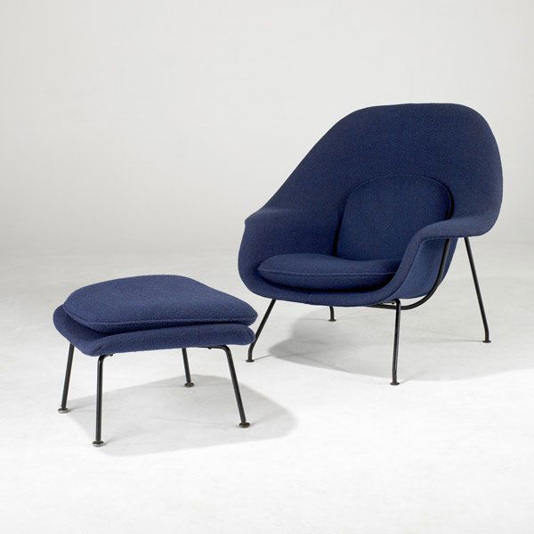 EERO SAARINEN / KNOLL Womb Chair: EERO SAARINEN / KNOLL Womb Chair upholstered in mottled dark blue wool on black enameled metal frame, with ottoman. 36'' x 30'' x 40''