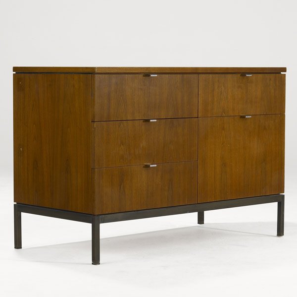 FLORENCE KNOLL / KNOLL Walnut Cabinet: FLORENCE KNOLL / KNOLL Walnut cabinet with four divided drawers and file drawer on anodized aluminum frame. Knoll Associates label. 25 1/2'' x 37 1/4'' x 19''