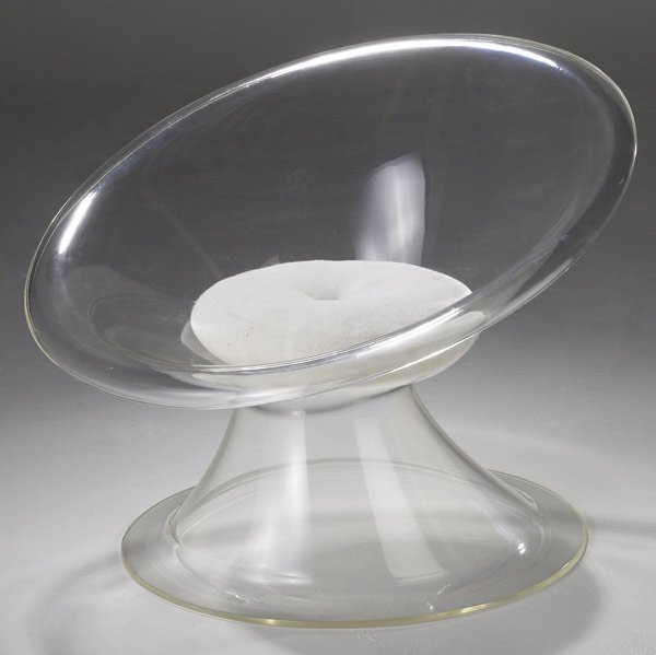 ERWIN & ESTELLE LAVERNE Buttercup lounge chair: ERWIN & ESTELLE LAVERNE Invisible series acrylic Buttercup chair with white knit cushion. 24'' x 30''