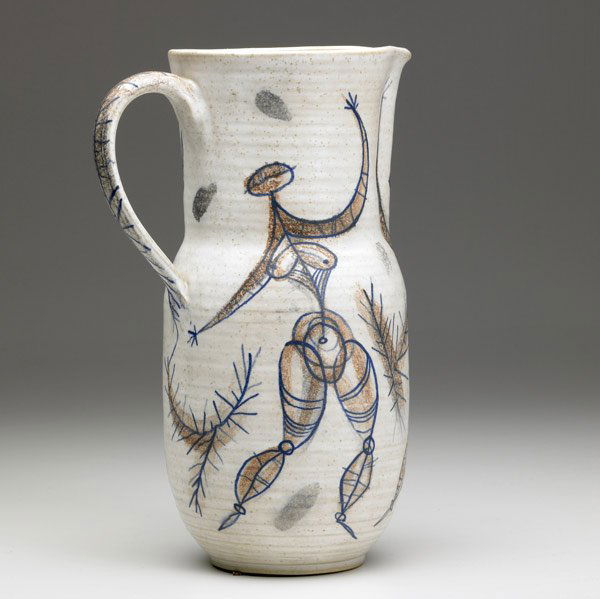 F. CARLTON BALL / AARON BOHROD Ceramic Pitcher: F. CARLTON BALL / AARON BOHROD Ceramic pitcher with abstract figural designs in brown and blue oxides. Signed F.C. Ball. 12'' x 8 3/4'' x 5 1/2''