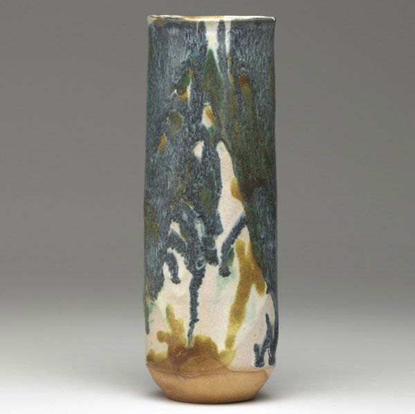 FONG CHOW Tall Cylindrical Ceramic Vessel: FONG CHOW Rare tall cylindrical ceramic vessel covered in mottled glazes. Signed Fong Chow with cipher. 11''