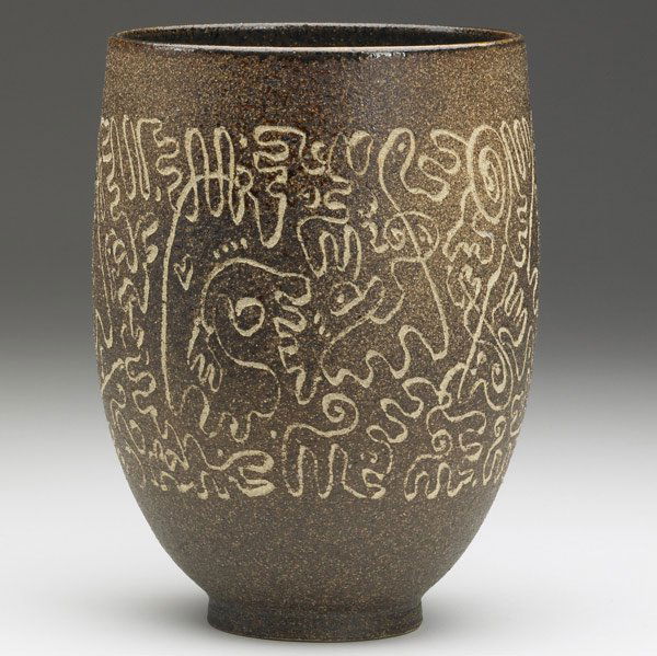 EDWIN AND MARY SCHEIER Thrown Stoneware Vessel: EDWIN AND MARY SCHEIER Thrown stoneware vessel covered in brown matte glaze with incised decoration. Signed Scheier. 7 3/4'' x 5 3/4''