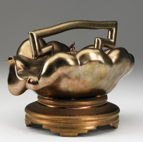 ADRIAN SAXE ''Brush Squash Teapot,'' 1990: ADRIAN SAXE Glazed porcelain sculptural teapot, ''Brush Squash Teapot,'' 1990. (Provenance: Garth Clark Gallery, NY.) Signed and dated. 6 3/4'' x 9 3/4'' x 7''