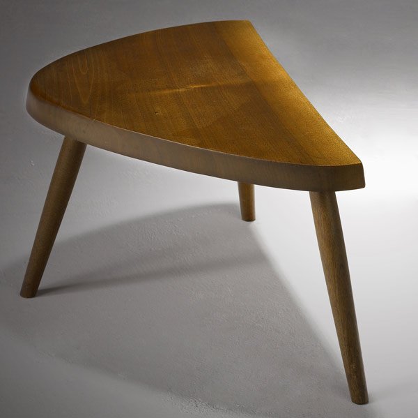 GEORGE NAKASHIMA Early Freeform Walnut Stool: GEORGE NAKASHIMA Early walnut plank stool with freeform edge, 1959. (Accompanied by copy of original purchase order from Nakashima studio. Provenance available.) 12'' x 21 1/2'' x 14''
