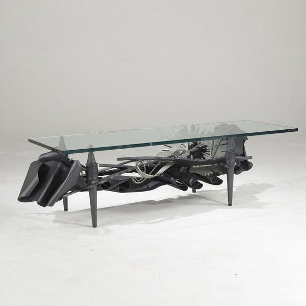 ALBERT PALEY Coffee Table: ALBERT PALEY Rectilinear Coffee table with glass top over forged and fabricated base, 1997. Signed ALBERT PALEY 1997. 17 1/2'' x 66'' x 29''