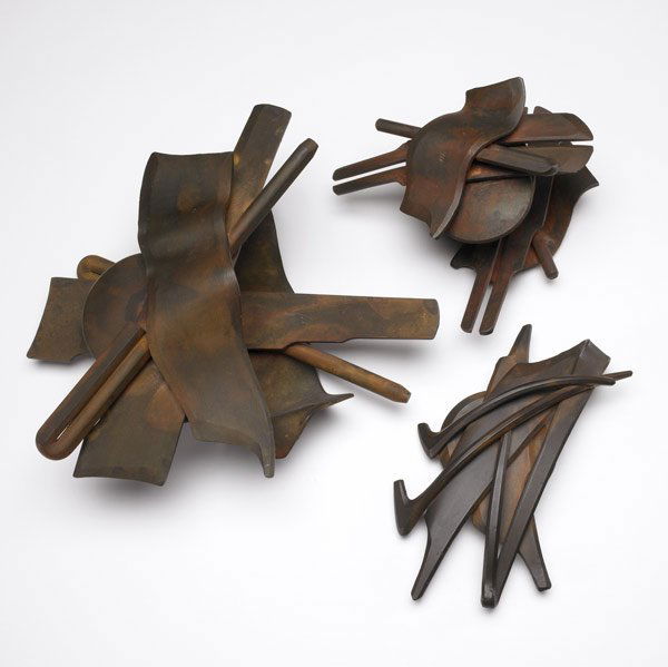 ALBERT PALEY Handles & Paperweight: ALBERT PALEY Two pair of forged and fabricated door handles, along with single paperweight, 1994. Paperweight stamped PALEY 1994. Larger handles: 12'' x 6'' x 2 1/2''; smaller handles: 8 1/2'' x 5 1/2
