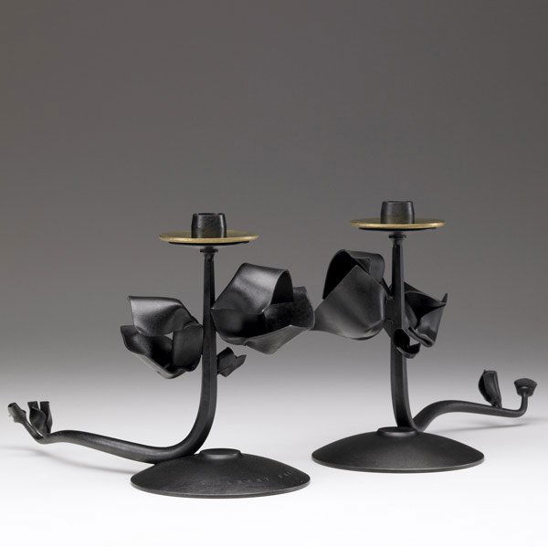 ALBERT PALEY Candlesticks: ALBERT PALEY Pair of forged and fabricated steel Tuft candlesticks, each with a brass bobeche. Signed ALBERT PALEY 2001. 7 1/2'' x 11'' x 5''