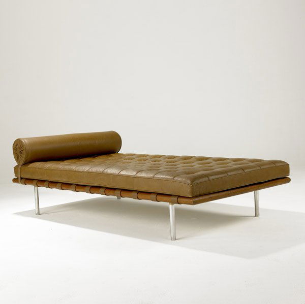 LUDWIG MIES VAN DER ROHE / KNOLL Daybed: LUDWIG MIES VAN DER ROHE / KNOLL Daybed with tan tufted cushion and bolster on rosewood and stainless steel frame. 25'' x 78'' x 39''