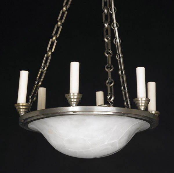 LIGHTING Aluminum six-sconce pendant lamp: LIGHTING Aluminum six-sconce pendant lamp with alabaster shade. 9'' x 15 1/4''
