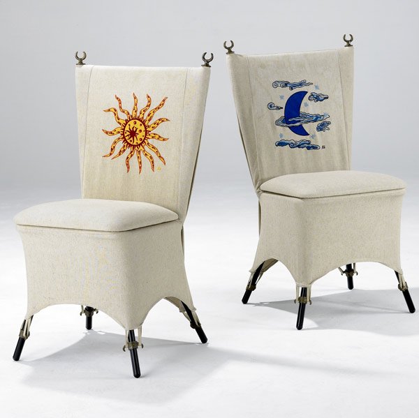 GAROUSTE & BONETTI Soleil & Lune pair side chairs: GAROUSTE & BONETTI Soleil & Lune pair of side chairs upholstered in original linen embroidered with sun and moon motifs, on iron base with cast bronze crescent finials. 36'' x 19 1/2'' x 18 1/2''