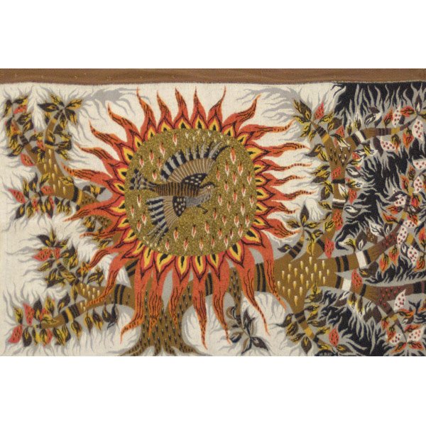 MAN RAY Tapestry: MAN RAY Tapestry with quail, sun and tree of life pattern in brown, green and orange tones on cream ground. Le Mur de Nomade label signed M. Ray. 44'' x 69''