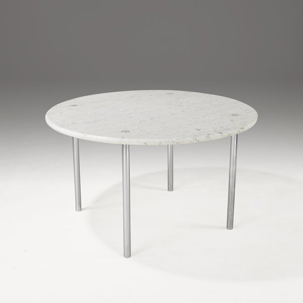 ERWIN & ESTELLE LAVERNE Dining table: ERWIN & ESTELLE LAVERNE Dining table with circular white and gray marble top on polished steel legs. 27 3/4'' x 48'' dia.